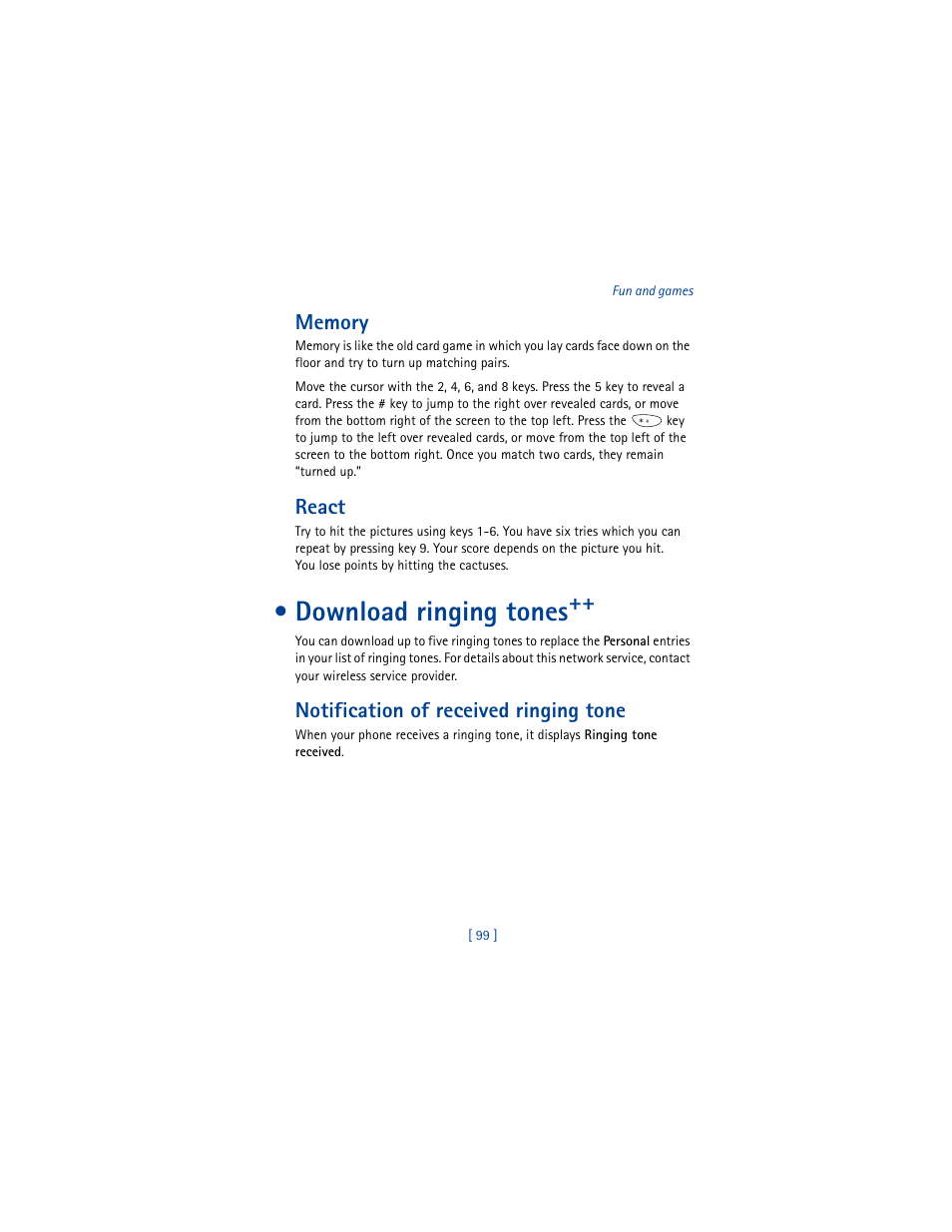 Memory, React, Download ringing tones | Notification of received ringing tone | Nokia 8290 User Manual | Page 108 / 141