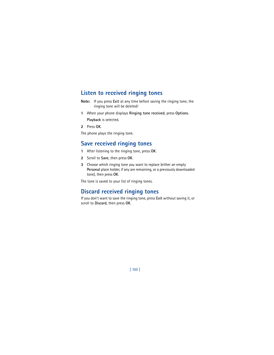 Listen to received ringing tones, Save received ringing tones, Discard received ringing tones | Nokia 8290 User Manual | Page 109 / 141