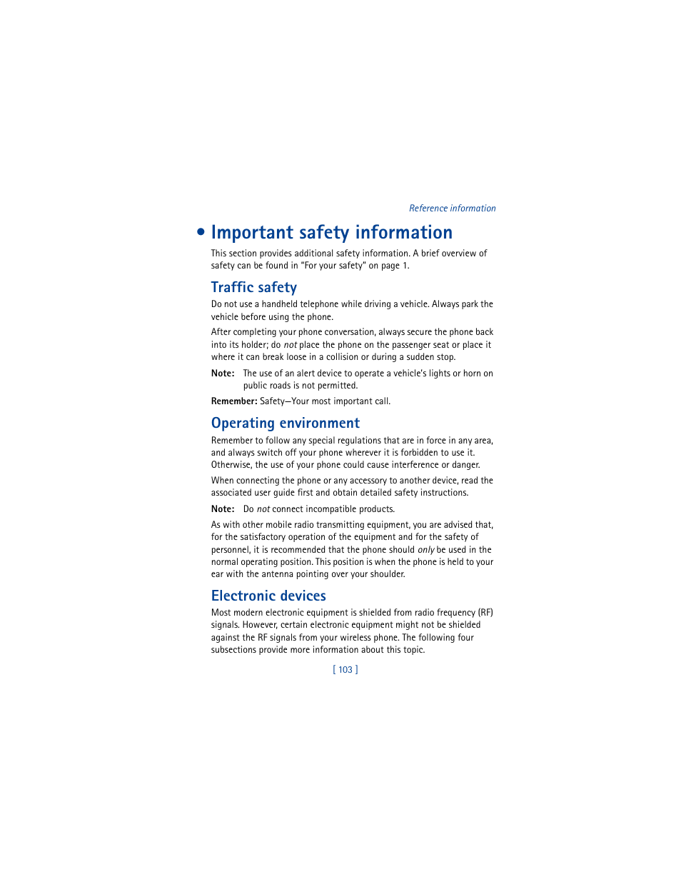 Important safety information, Traffic safety, Operating environment | Electronic devices | Nokia 8290 User Manual | Page 112 / 141