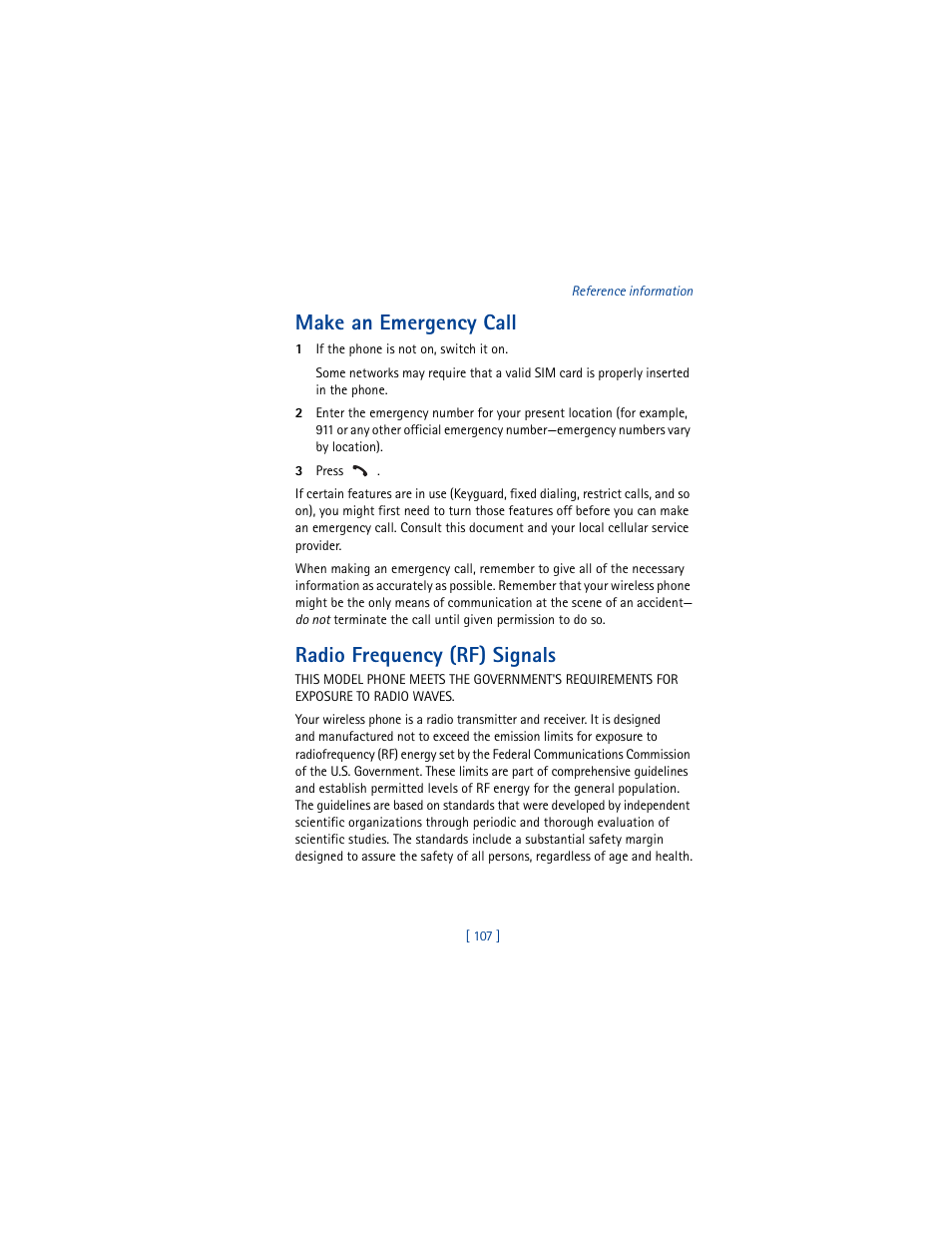 Make an emergency call, Radio frequency (rf) signals | Nokia 8290 User Manual | Page 116 / 141