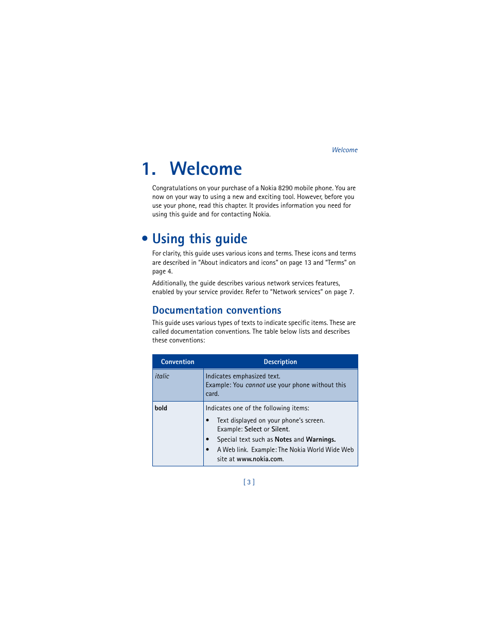 Welcome, Using this guide, Documentation conventions | Nokia 8290 User Manual | Page 12 / 141