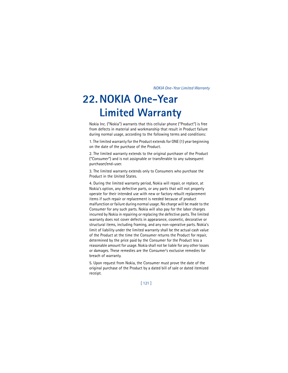 Nokia one-year limited warranty | Nokia 8290 User Manual | Page 130 / 141