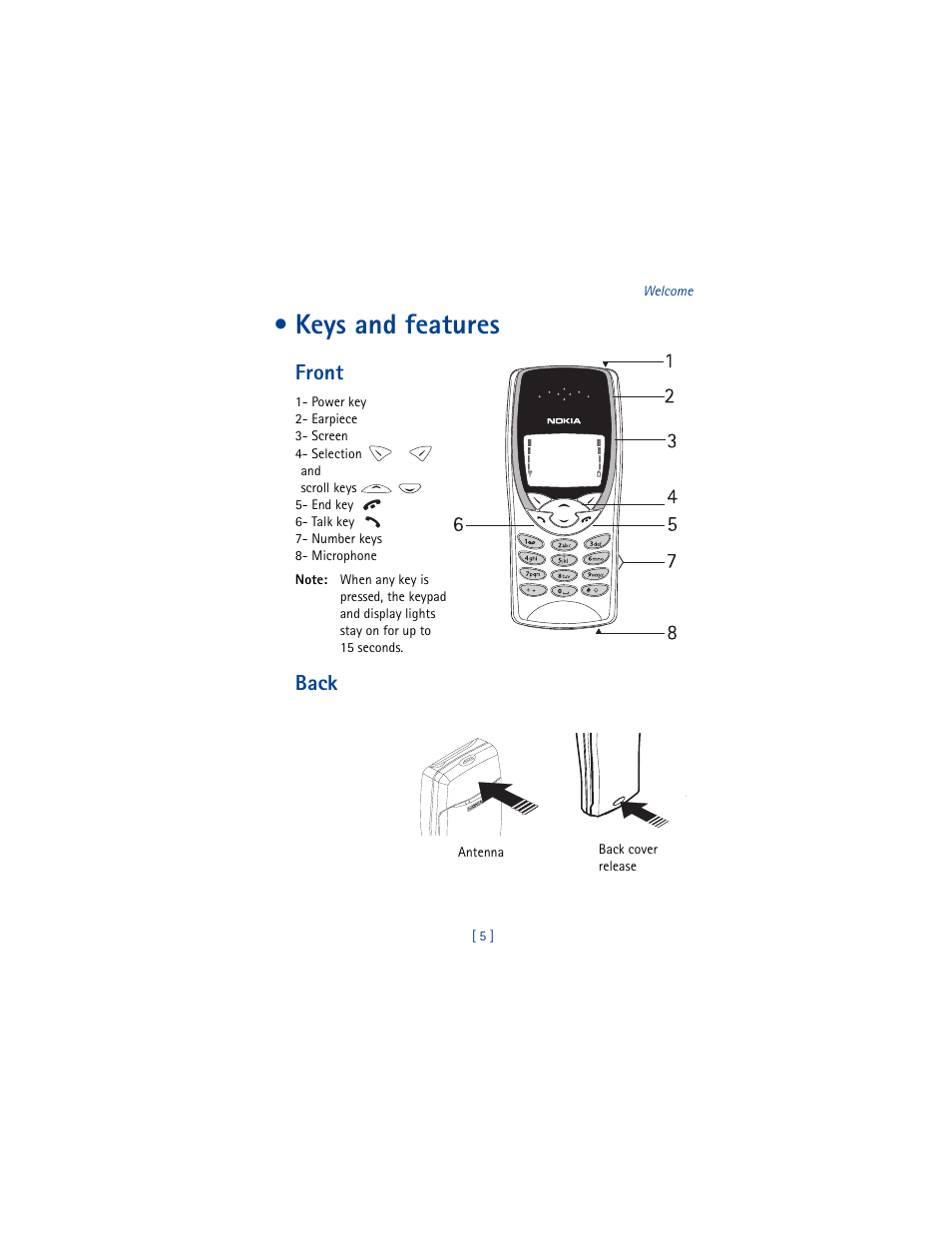 Keys and features, Front, Back | Nokia 8290 User Manual | Page 14 / 141