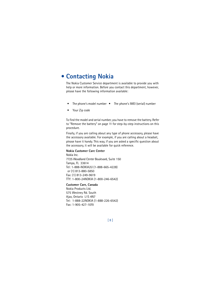 Contacting nokia | Nokia 8290 User Manual | Page 17 / 141