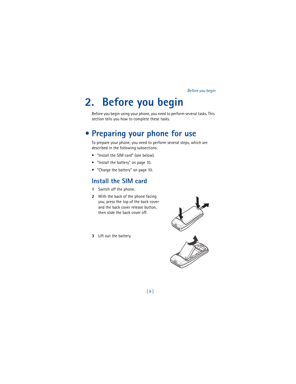 Before you begin, Preparing your phone for use, Install the sim card | Nokia 8290 User Manual | Page 18 / 141