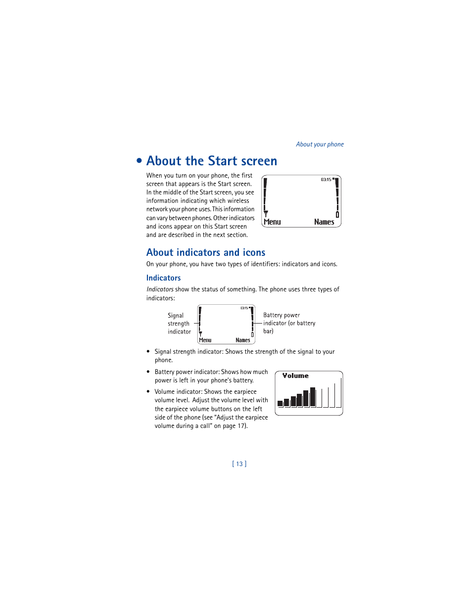 About the start screen, About indicators and icons | Nokia 8290 User Manual | Page 22 / 141