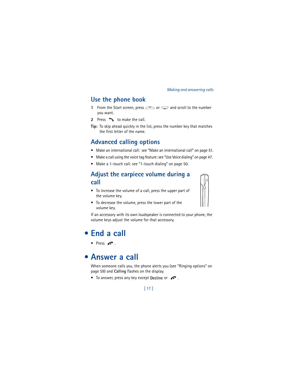 Use the phone book, Advanced calling options, Adjust the earpiece volume during a call | End a call, Answer a call | Nokia 8290 User Manual | Page 26 / 141