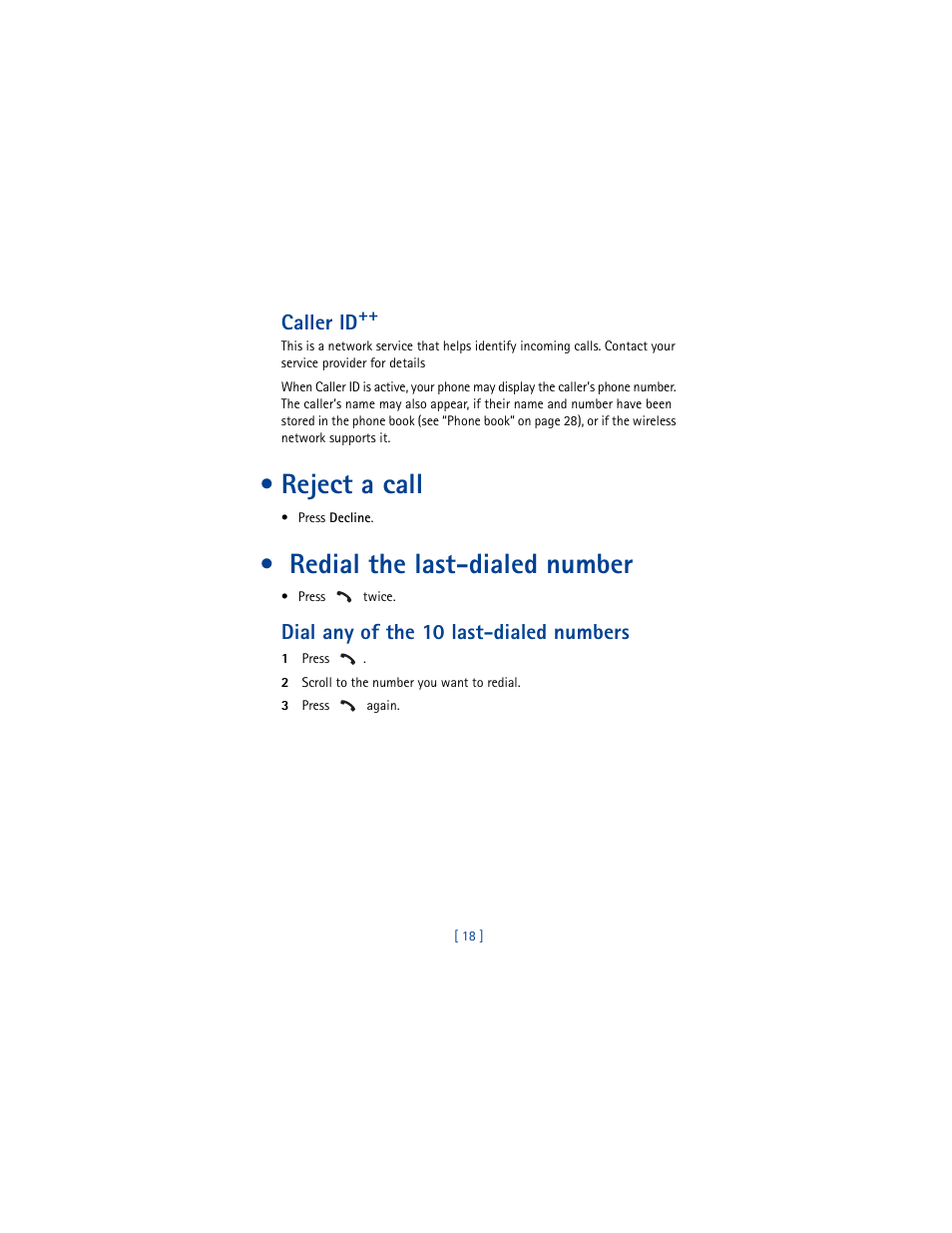 Caller id, Reject a call, Redial the last-dialed number | Dial any of the 10 last-dialed numbers | Nokia 8290 User Manual | Page 27 / 141