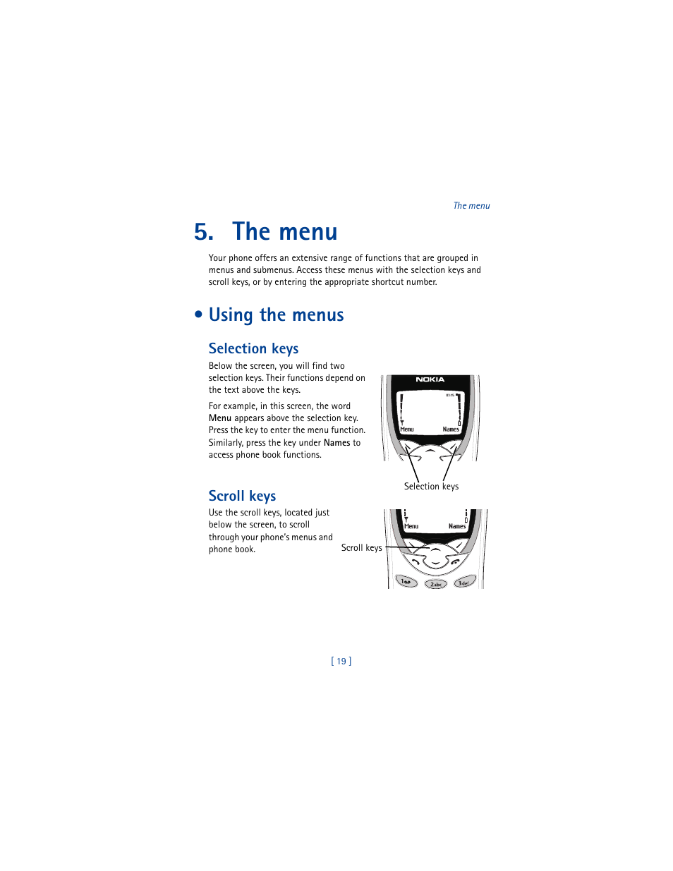 The menu, Using the menus, Selection keys | Scroll keys | Nokia 8290 User Manual | Page 28 / 141