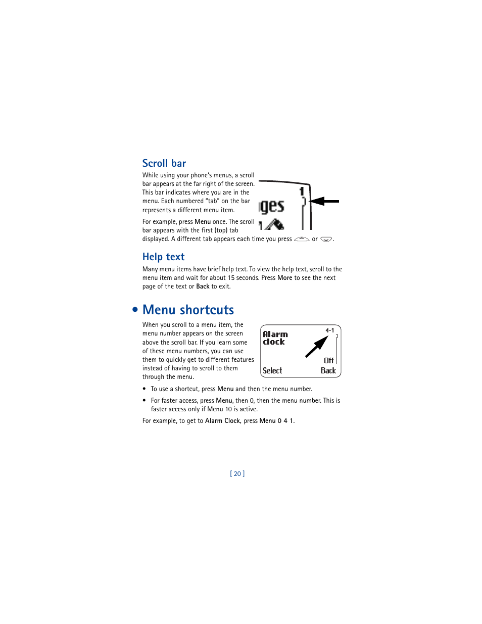 Scroll bar, Help text, Menu shortcuts | Nokia 8290 User Manual | Page 29 / 141