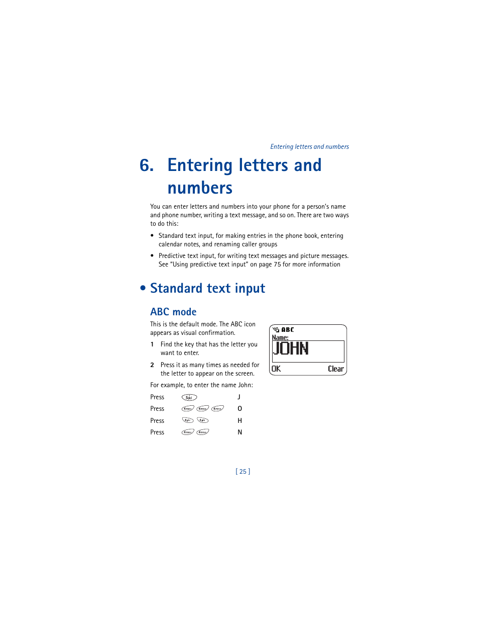 Entering letters and numbers, Standard text input, Abc mode | Nokia 8290 User Manual | Page 34 / 141