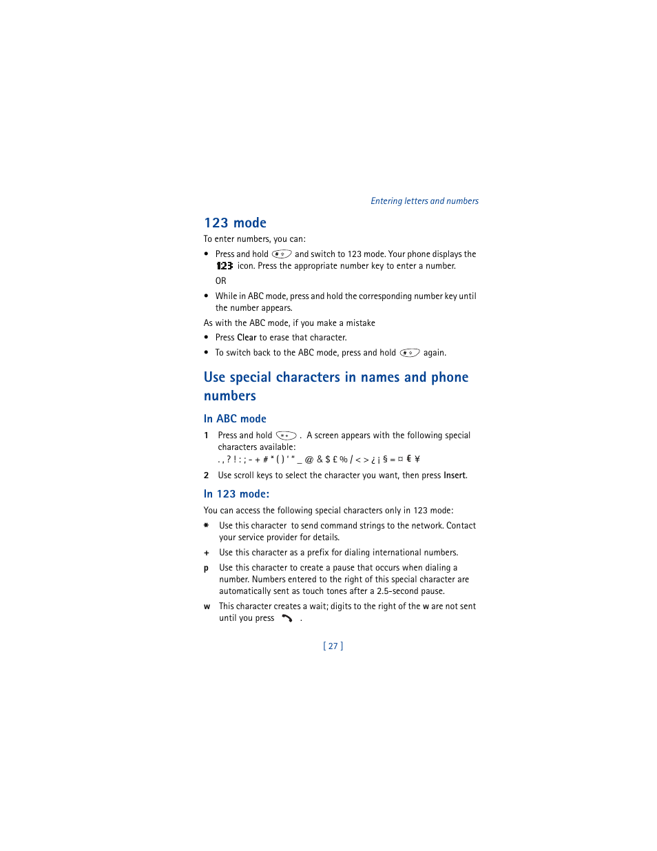 123 mode, Use special characters in names and phone numbers | Nokia 8290 User Manual | Page 36 / 141