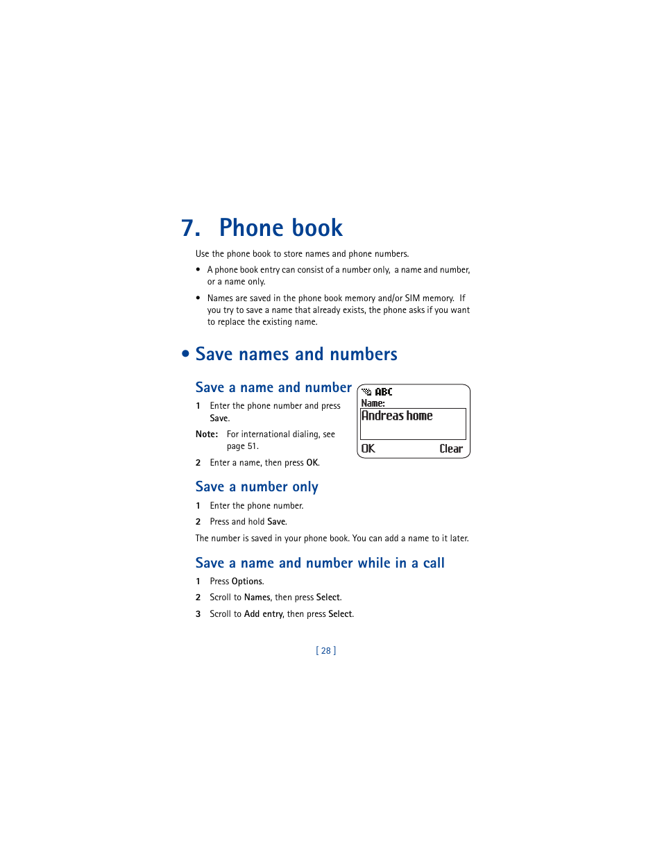 Phone book, Save names and numbers, Save a name and number | Save a number only, Save a name and number while in a call | Nokia 8290 User Manual | Page 37 / 141