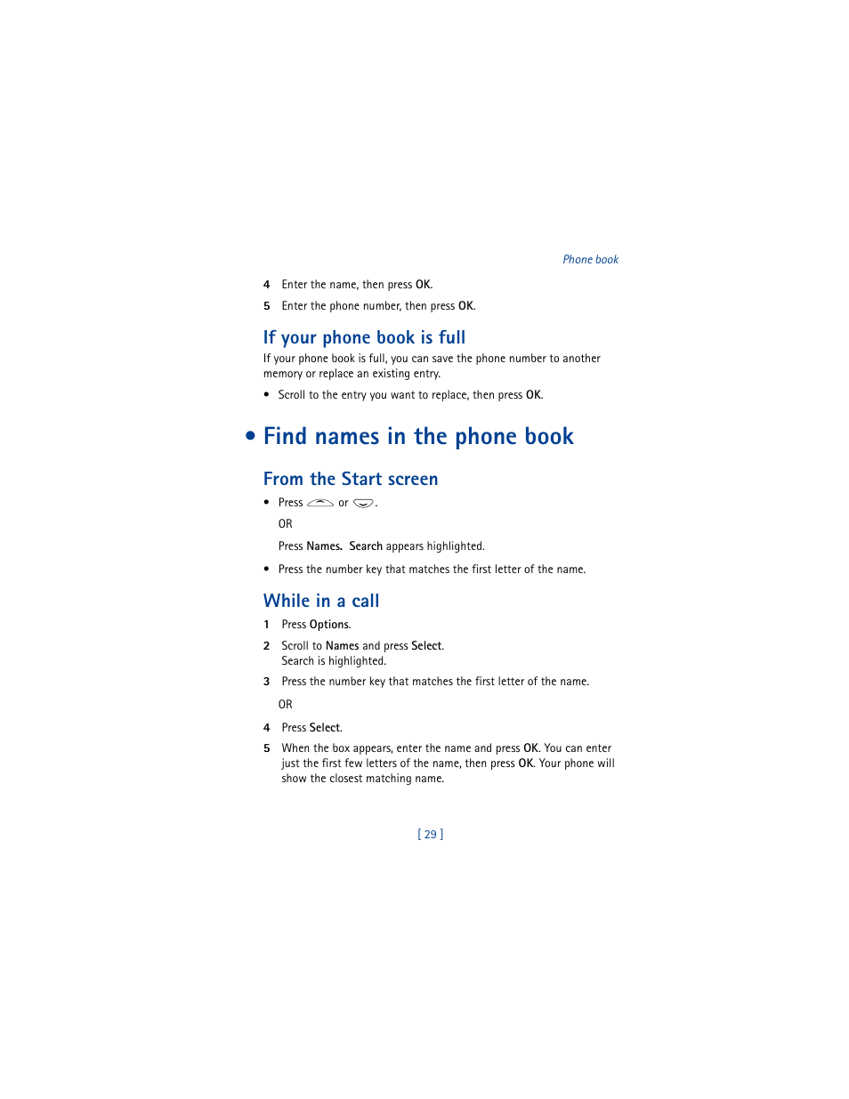 If your phone book is full, Find names in the phone book, From the start screen | While in a call | Nokia 8290 User Manual | Page 38 / 141