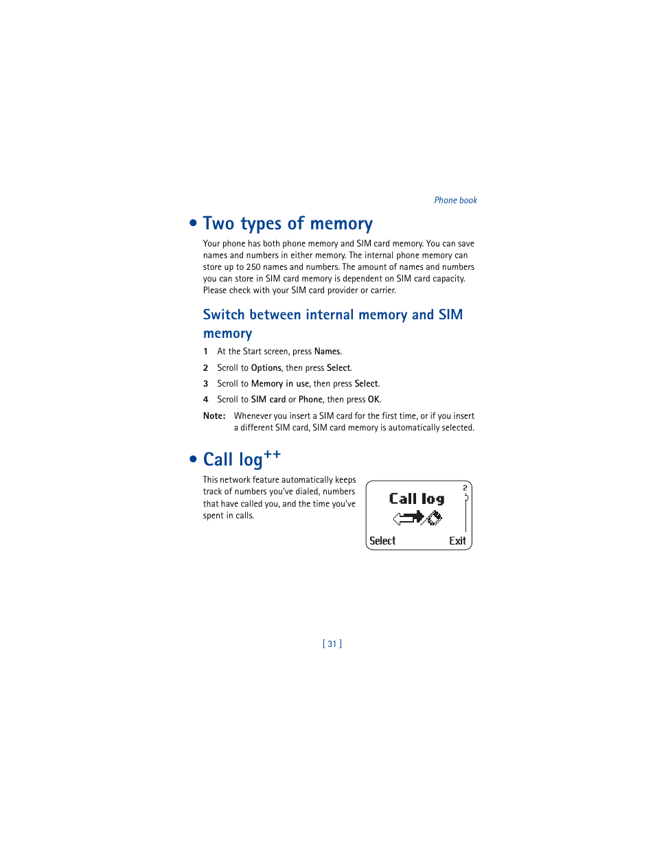 Two types of memory, Switch between internal memory and sim memory, Call log | Nokia 8290 User Manual | Page 40 / 141