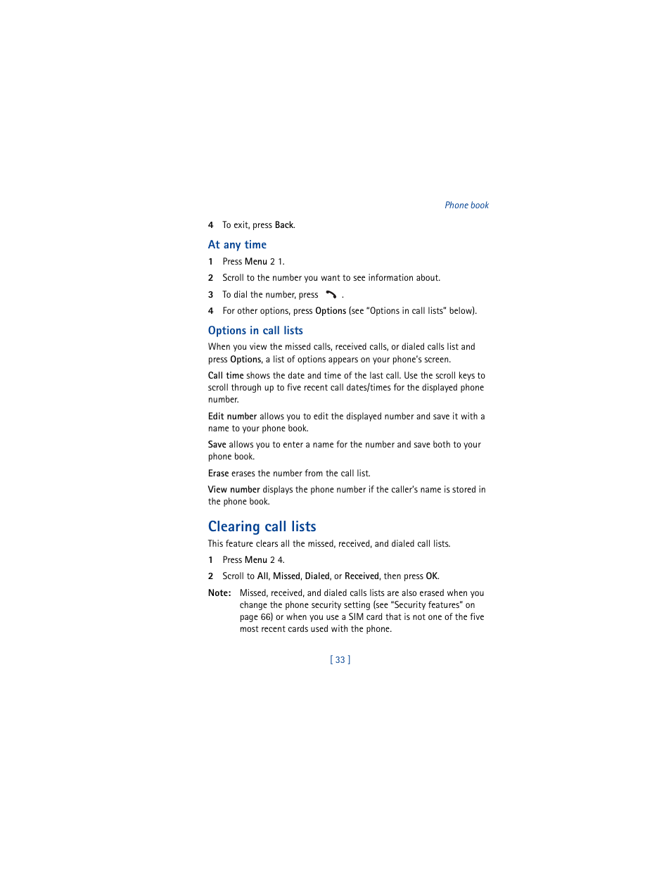 Clearing call lists | Nokia 8290 User Manual | Page 42 / 141