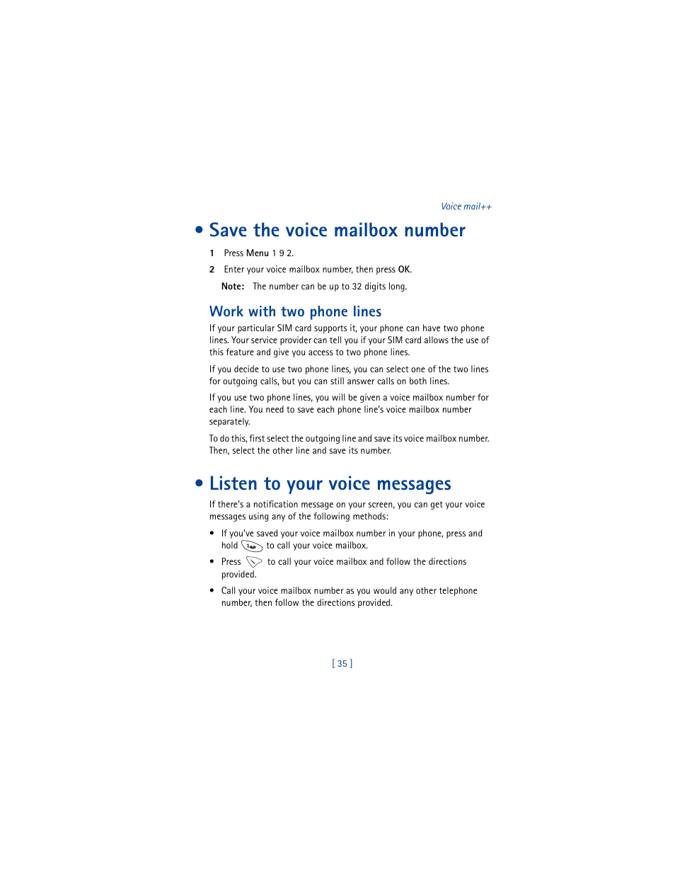 Save the voice mailbox number, Work with two phone lines, Listen to your voice messages | Nokia 8290 User Manual | Page 44 / 141