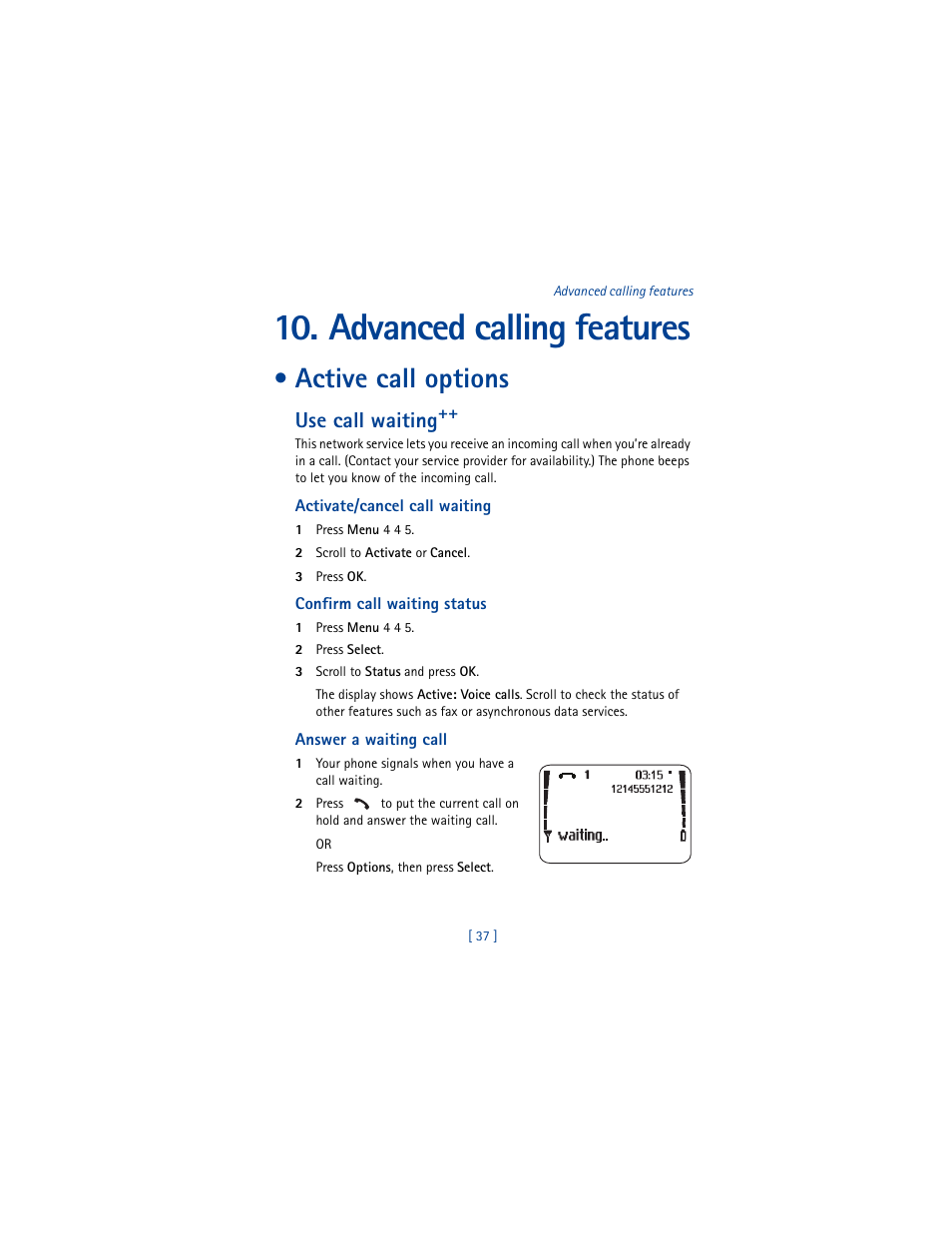 Advanced calling features, Active call options, Use call waiting | Nokia 8290 User Manual | Page 46 / 141