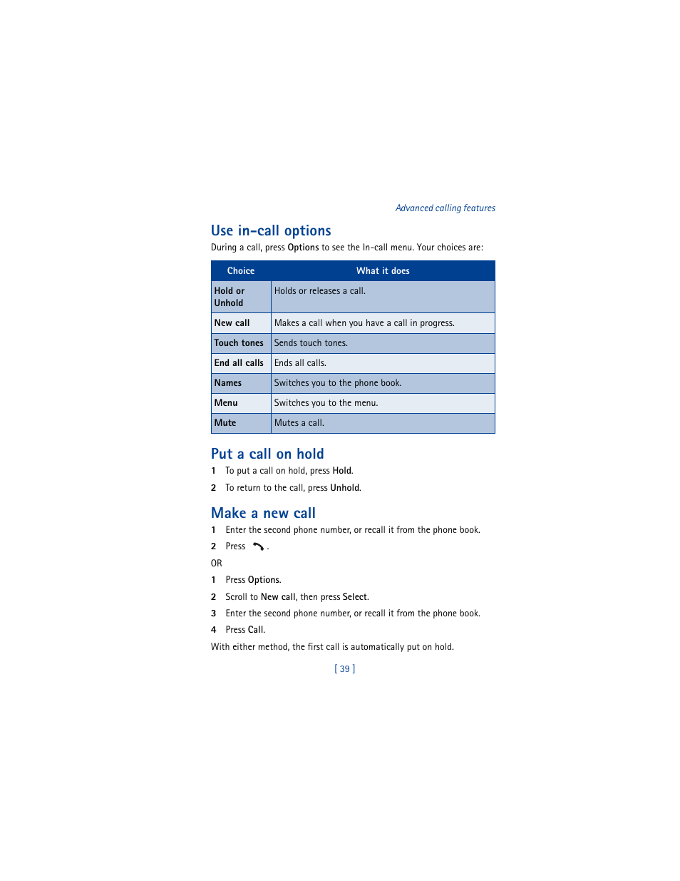 Use in-call options, Put a call on hold, Make a new call | Nokia 8290 User Manual | Page 48 / 141