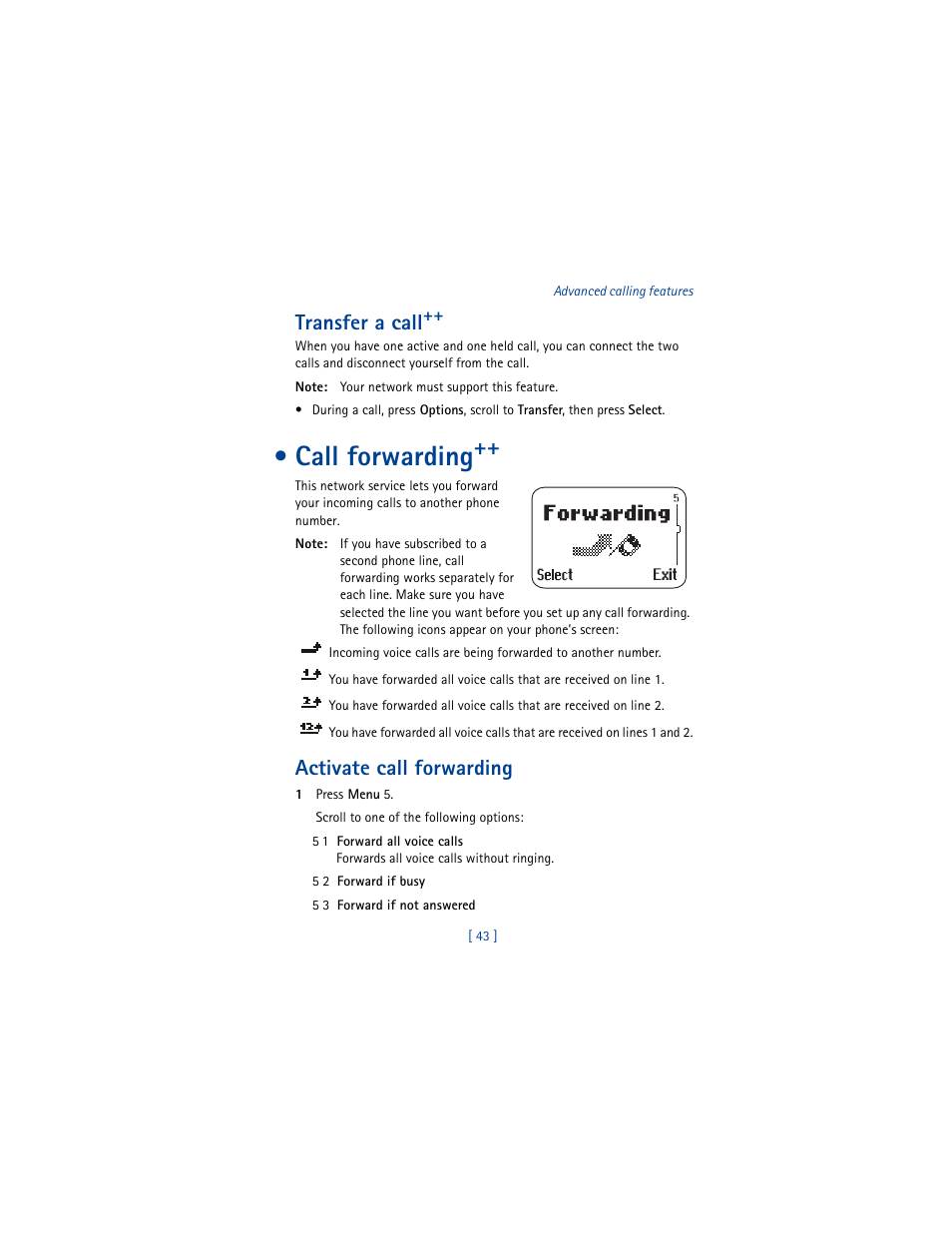 Transfer a call, Call forwarding, Activate call forwarding | Nokia 8290 User Manual | Page 52 / 141