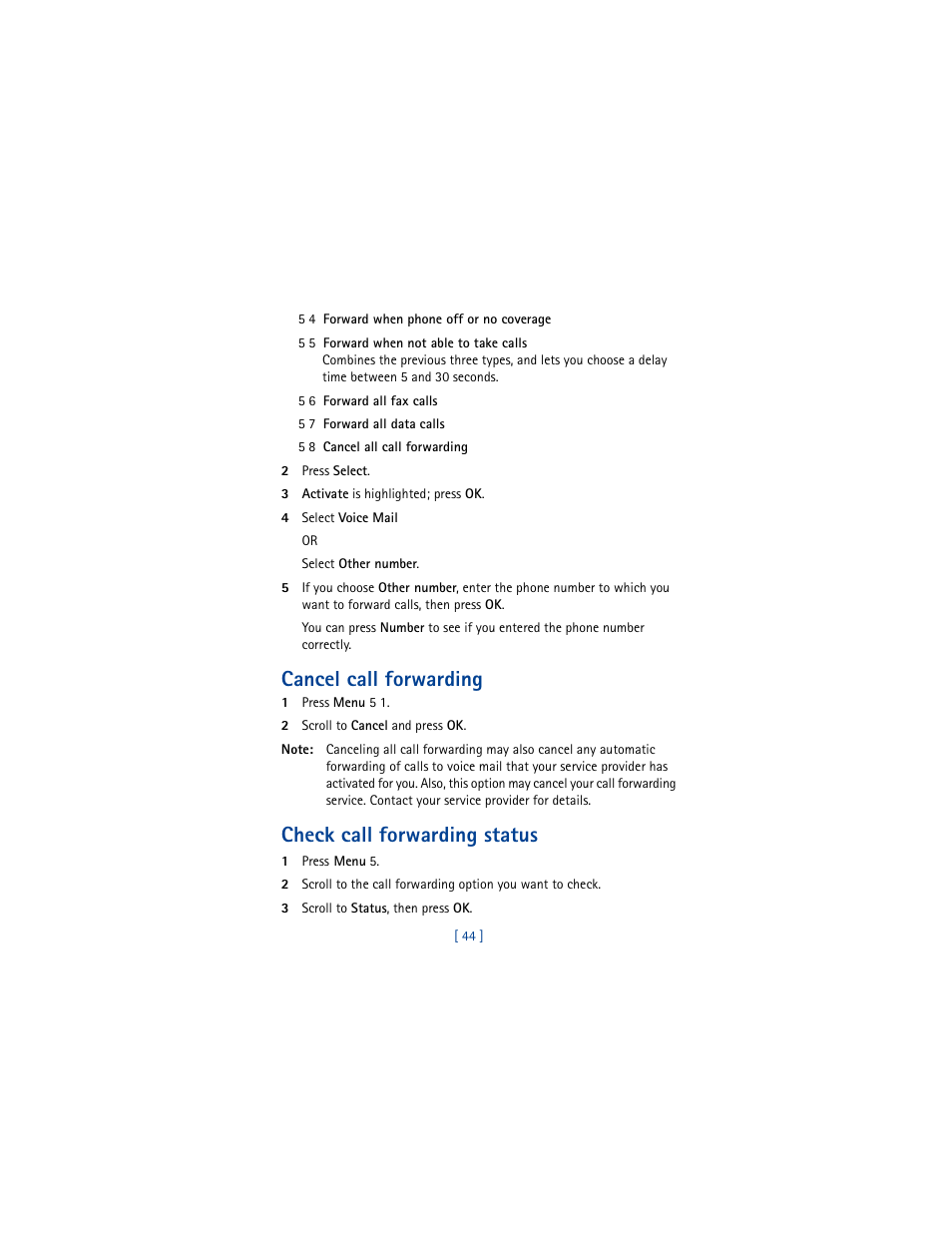 Cancel call forwarding, Check call forwarding status | Nokia 8290 User Manual | Page 53 / 141