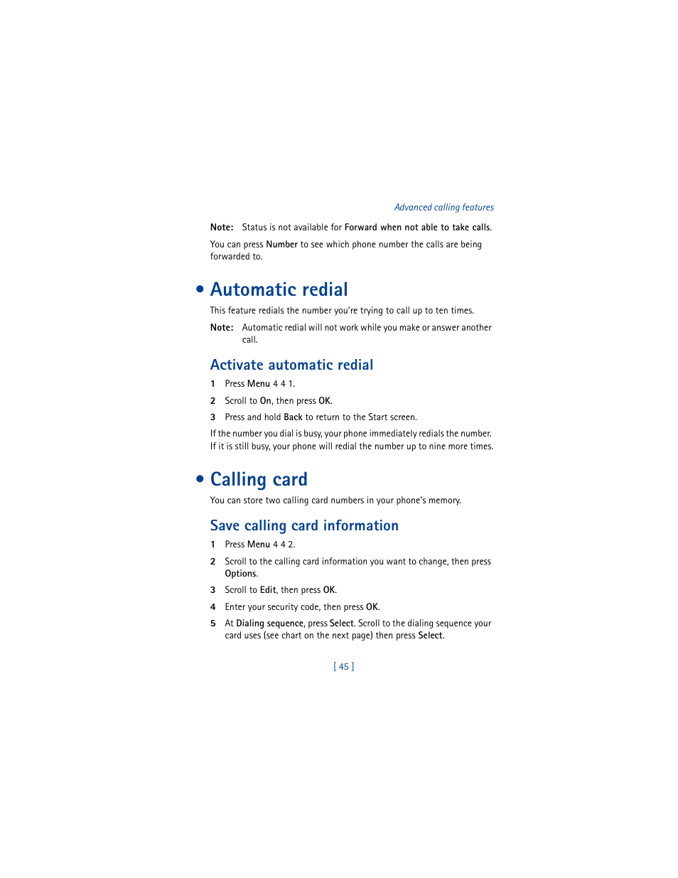 Automatic redial, Activate automatic redial, Calling card | Save calling card information | Nokia 8290 User Manual | Page 54 / 141