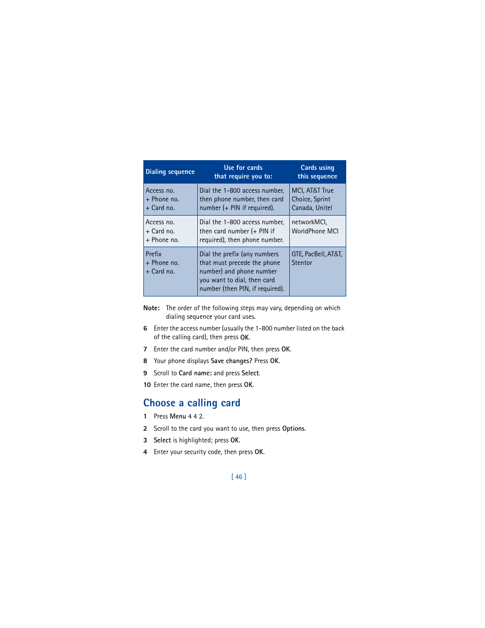 Choose a calling card | Nokia 8290 User Manual | Page 55 / 141