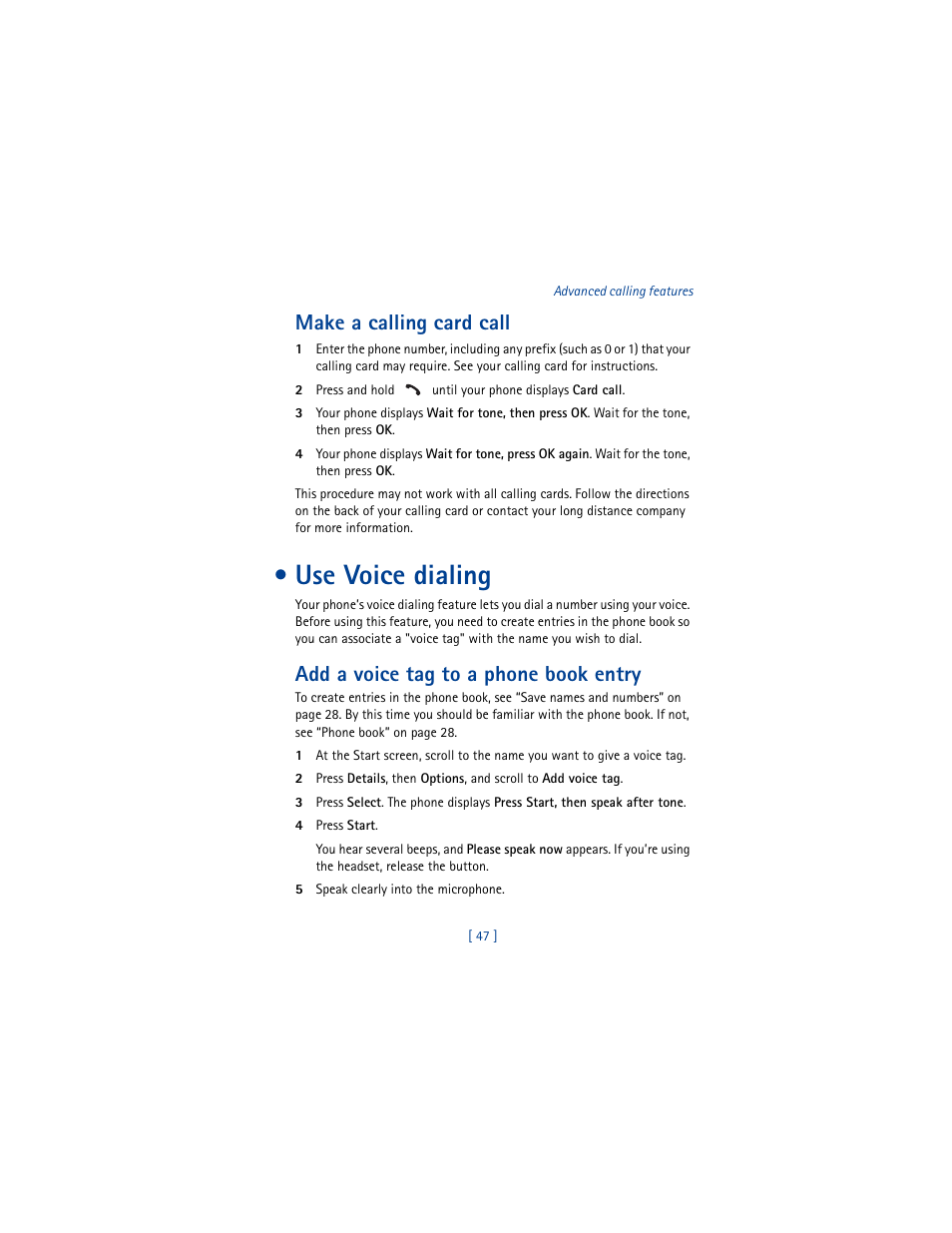 Make a calling card call, Use voice dialing, Add a voice tag to a phone book entry | Nokia 8290 User Manual | Page 56 / 141