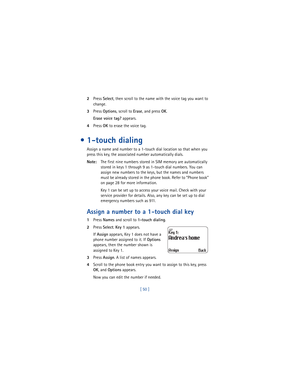 Touch dialing, Assign a number to a 1-touch dial key | Nokia 8290 User Manual | Page 59 / 141