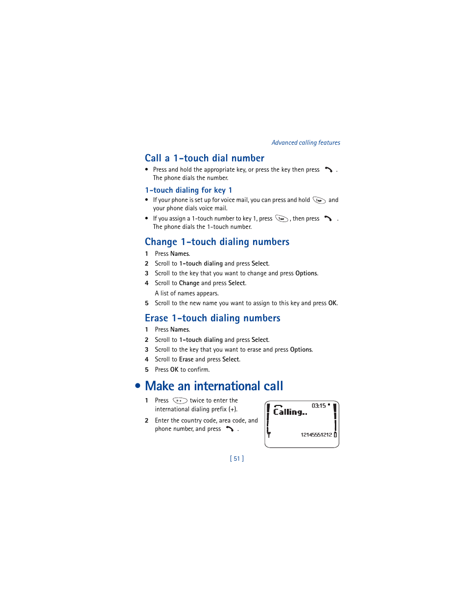 Call a 1-touch dial number, Change 1-touch dialing numbers, Erase 1-touch dialing numbers | Make an international call | Nokia 8290 User Manual | Page 60 / 141