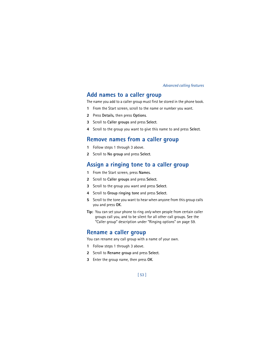 Add names to a caller group, Remove names from a caller group, Assign a ringing tone to a caller group | Rename a caller group | Nokia 8290 User Manual | Page 62 / 141