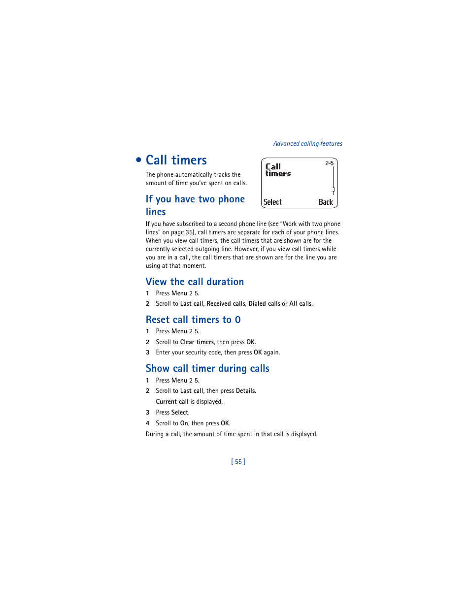Call timers, If you have two phone lines, View the call duration | Reset call timers to 0, Show call timer during calls | Nokia 8290 User Manual | Page 64 / 141