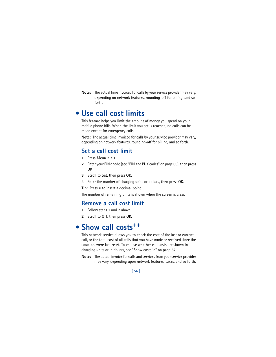 Use call cost limits, Set a call cost limit, Remove a call cost limit | Show call costs | Nokia 8290 User Manual | Page 65 / 141