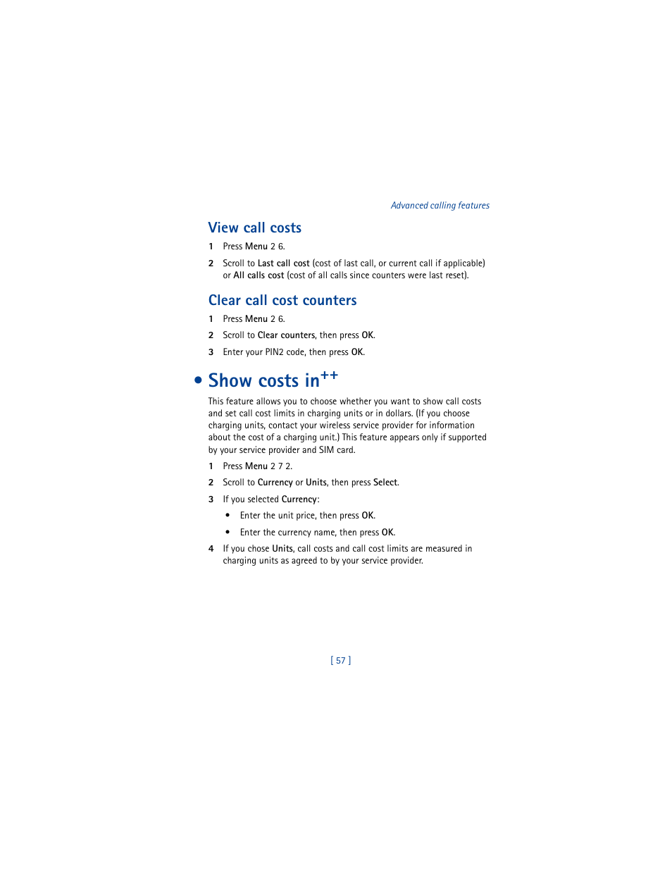 View call costs, Clear call cost counters, Show costs in | Nokia 8290 User Manual | Page 66 / 141