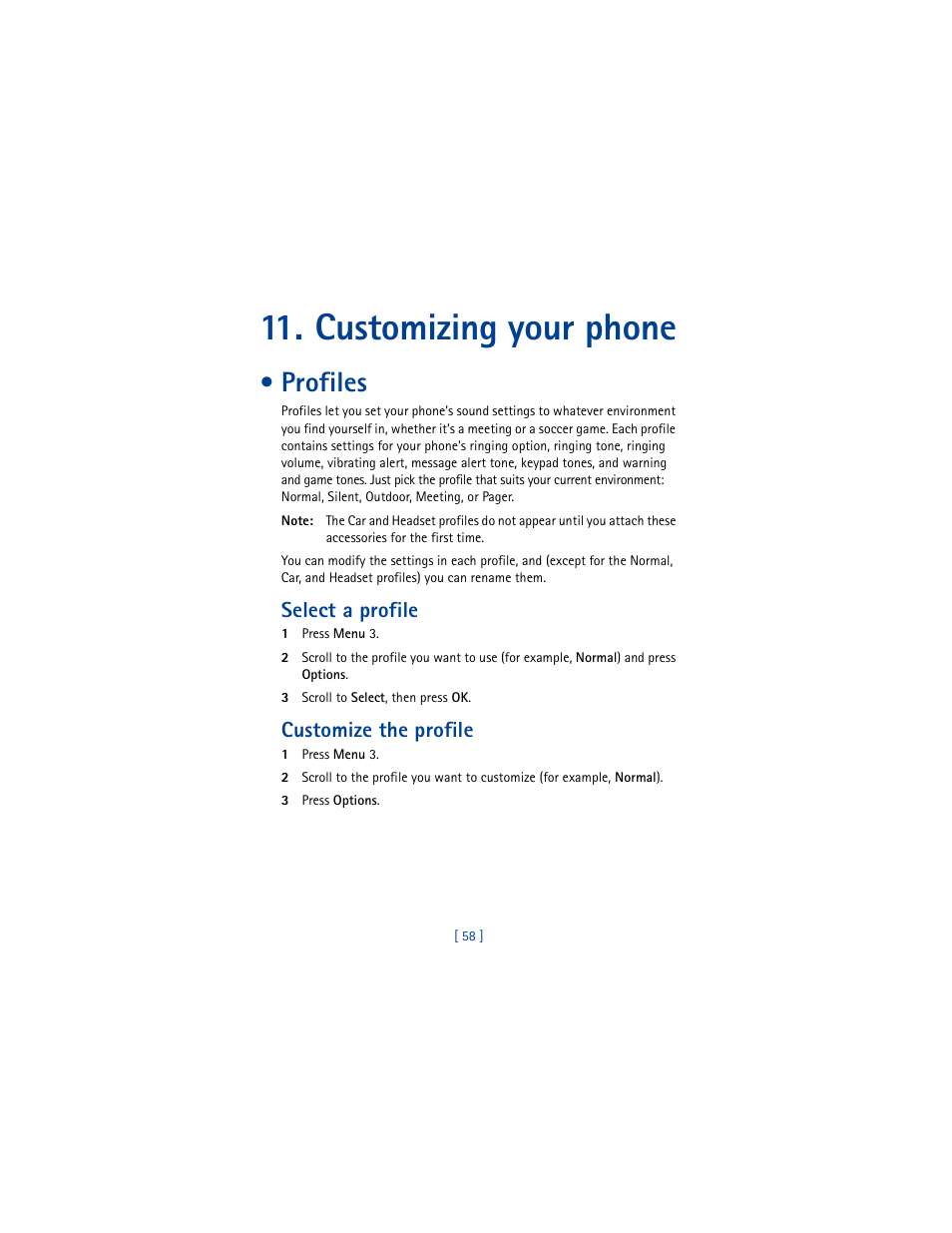 Customizing your phone, Profiles, Select a profile | Customize the profile | Nokia 8290 User Manual | Page 67 / 141