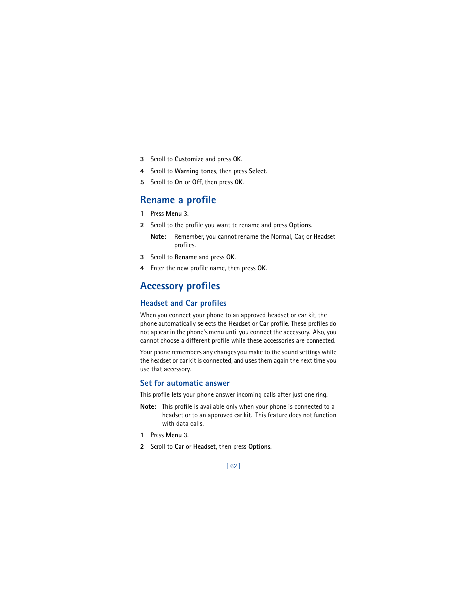 Rename a profile, Accessory profiles | Nokia 8290 User Manual | Page 71 / 141