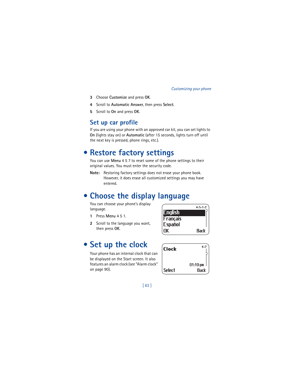 Set up car profile, Restore factory settings, Choose the display language | Set up the clock | Nokia 8290 User Manual | Page 72 / 141