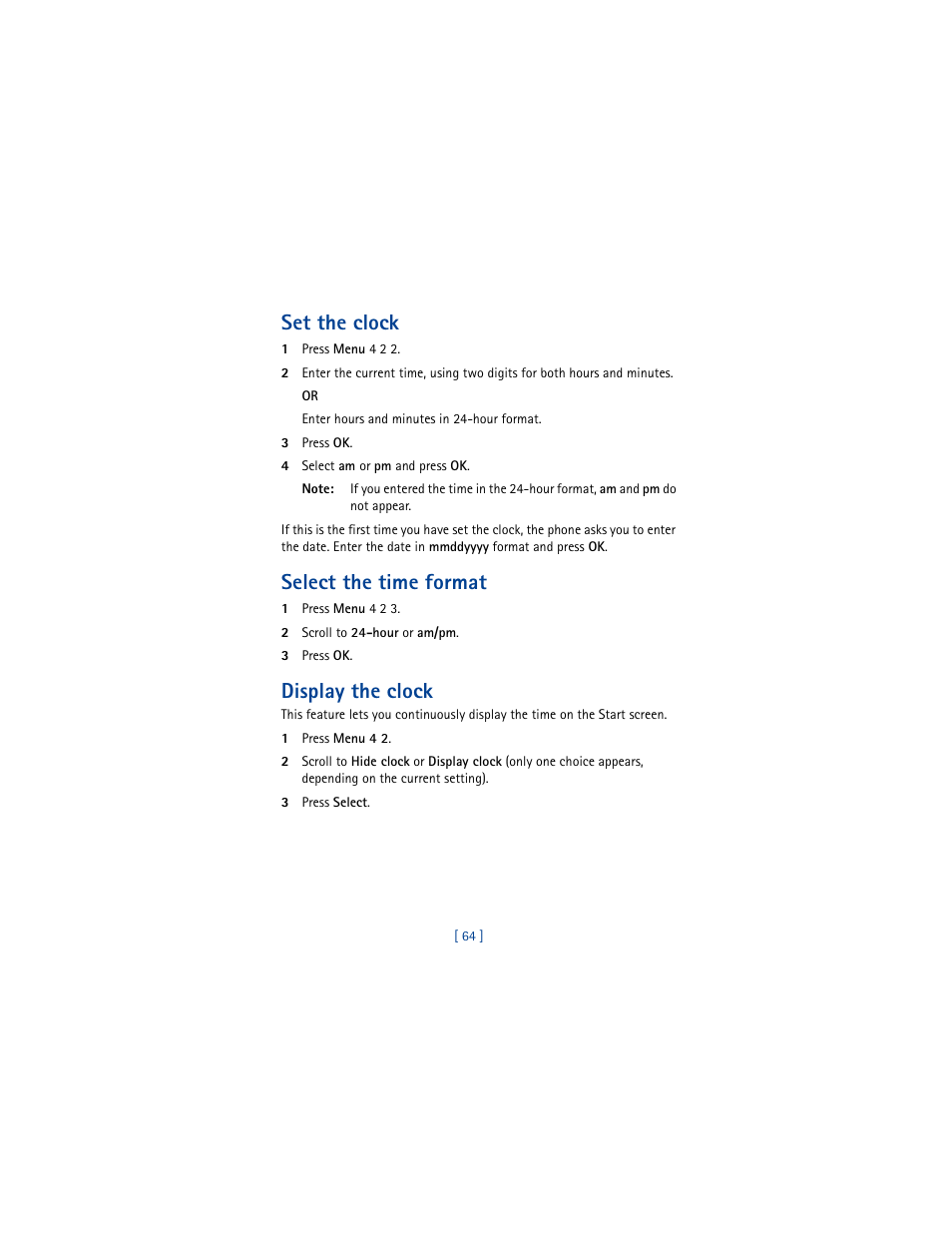 Set the clock, Select the time format, Display the clock | Nokia 8290 User Manual | Page 73 / 141