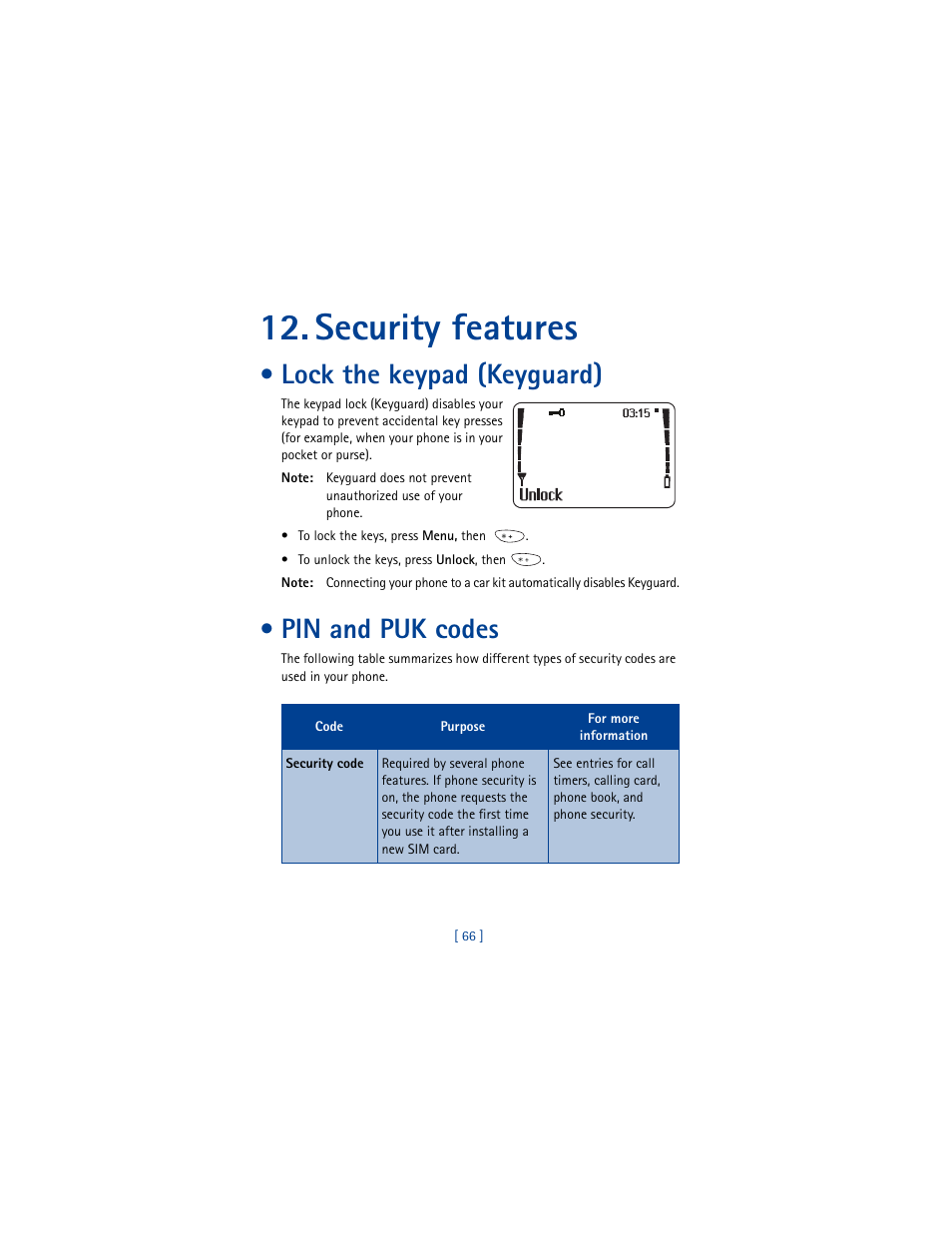 Security features, Lock the keypad (keyguard), Pin and puk codes | Nokia 8290 User Manual | Page 75 / 141