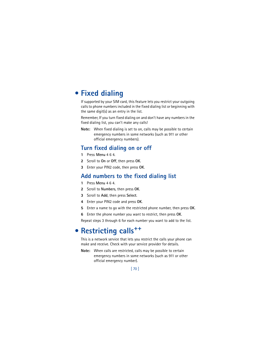 Fixed dialing, Turn fixed dialing on or off, Add numbers to the fixed dialing list | Restricting calls | Nokia 8290 User Manual | Page 79 / 141