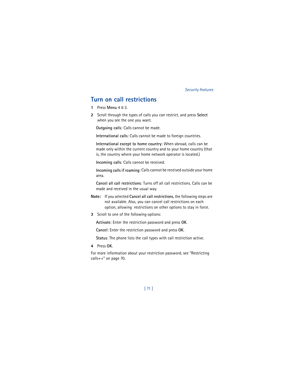 Turn on call restrictions | Nokia 8290 User Manual | Page 80 / 141