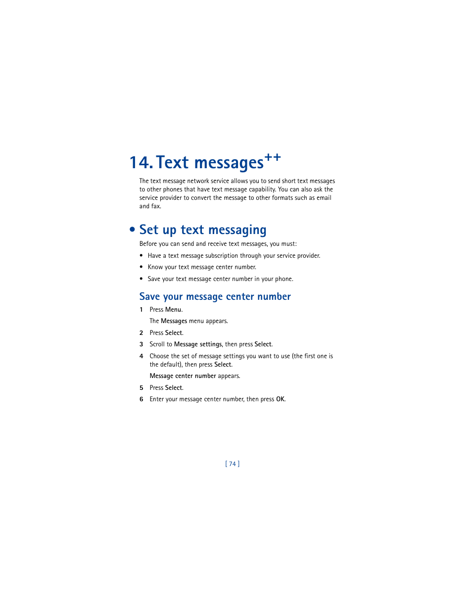 Text messages, Set up text messaging, Save your message center number | Nokia 8290 User Manual | Page 83 / 141