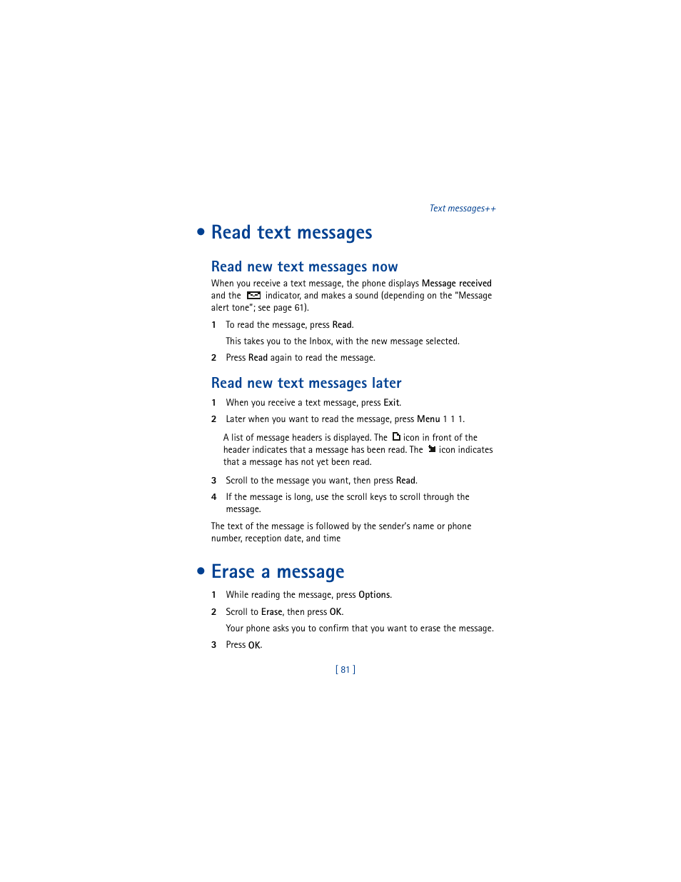 Read text messages, Read new text messages now, Read new text messages later | Erase a message | Nokia 8290 User Manual | Page 90 / 141