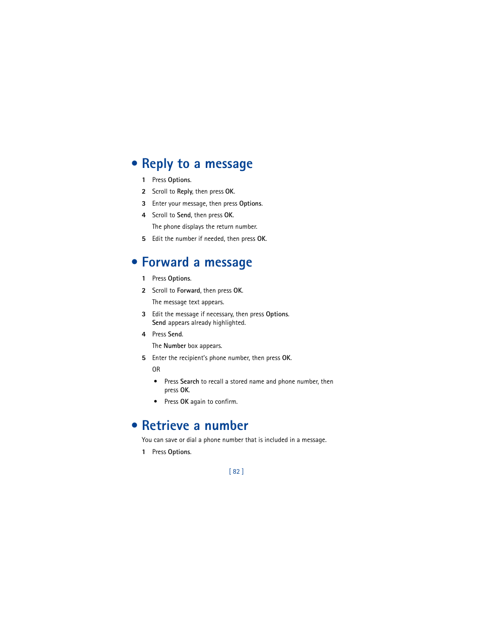 Reply to a message, Forward a message, Retrieve a number | Nokia 8290 User Manual | Page 91 / 141