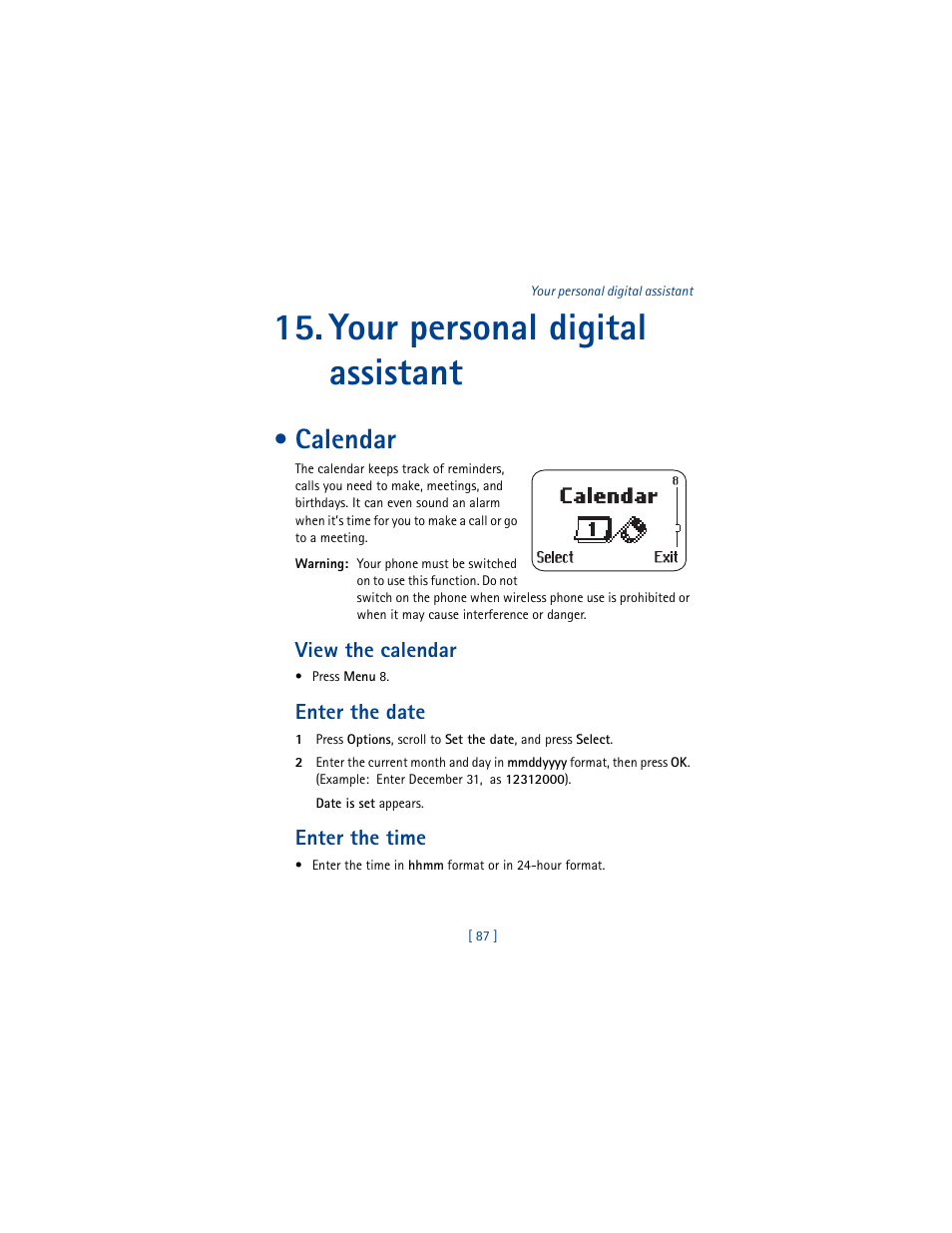 Your personal digital assistant, Calendar, View the calendar | Enter the date, Enter the time | Nokia 8290 User Manual | Page 96 / 141