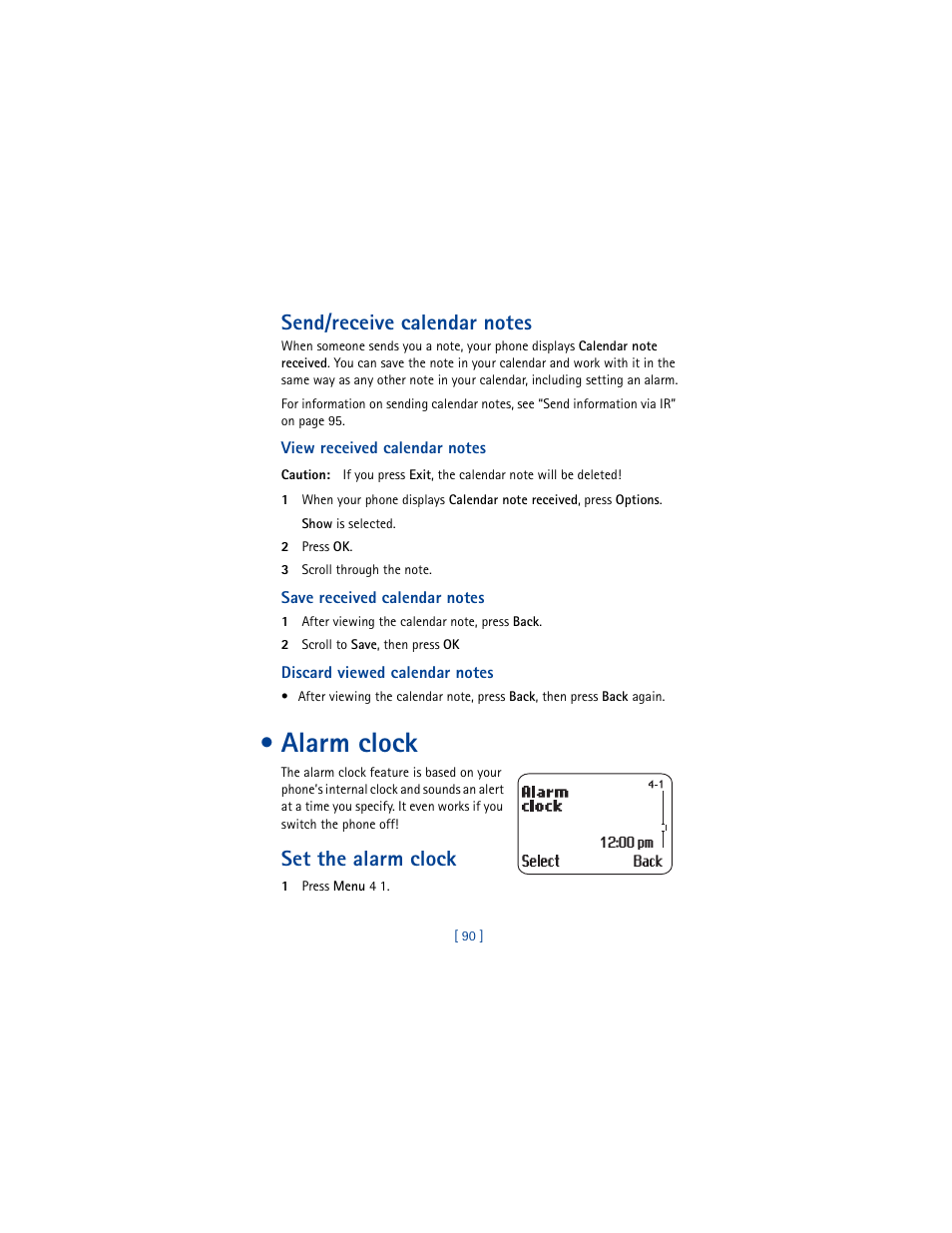 Send/receive calendar notes, Alarm clock, Set the alarm clock | Nokia 8290 User Manual | Page 99 / 141