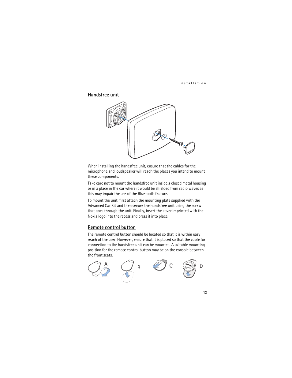 Handsfree unit, Remote control button, Handsfree unit remote control button | Nokia Advanced Car Kit CK-7W User Manual | Page 13 / 23