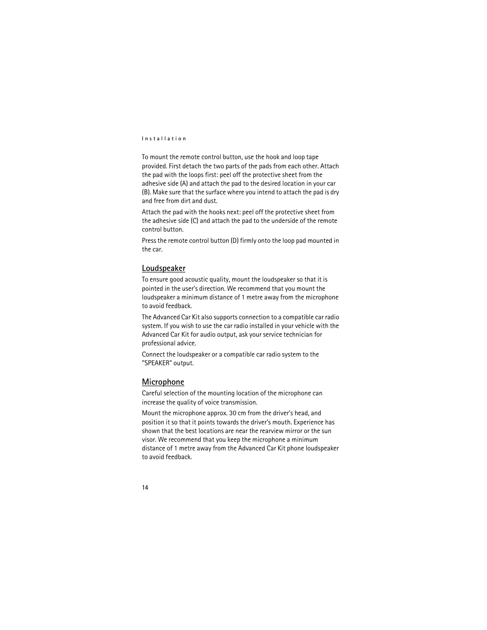 Loudspeaker, Microphone, Loudspeaker microphone | Nokia Advanced Car Kit CK-7W User Manual | Page 14 / 23