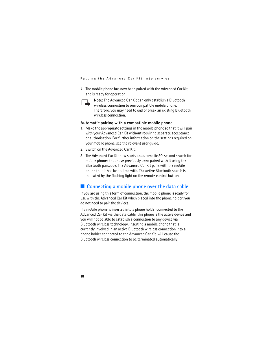 Connecting a mobile phone over the data cable | Nokia Advanced Car Kit CK-7W User Manual | Page 18 / 23