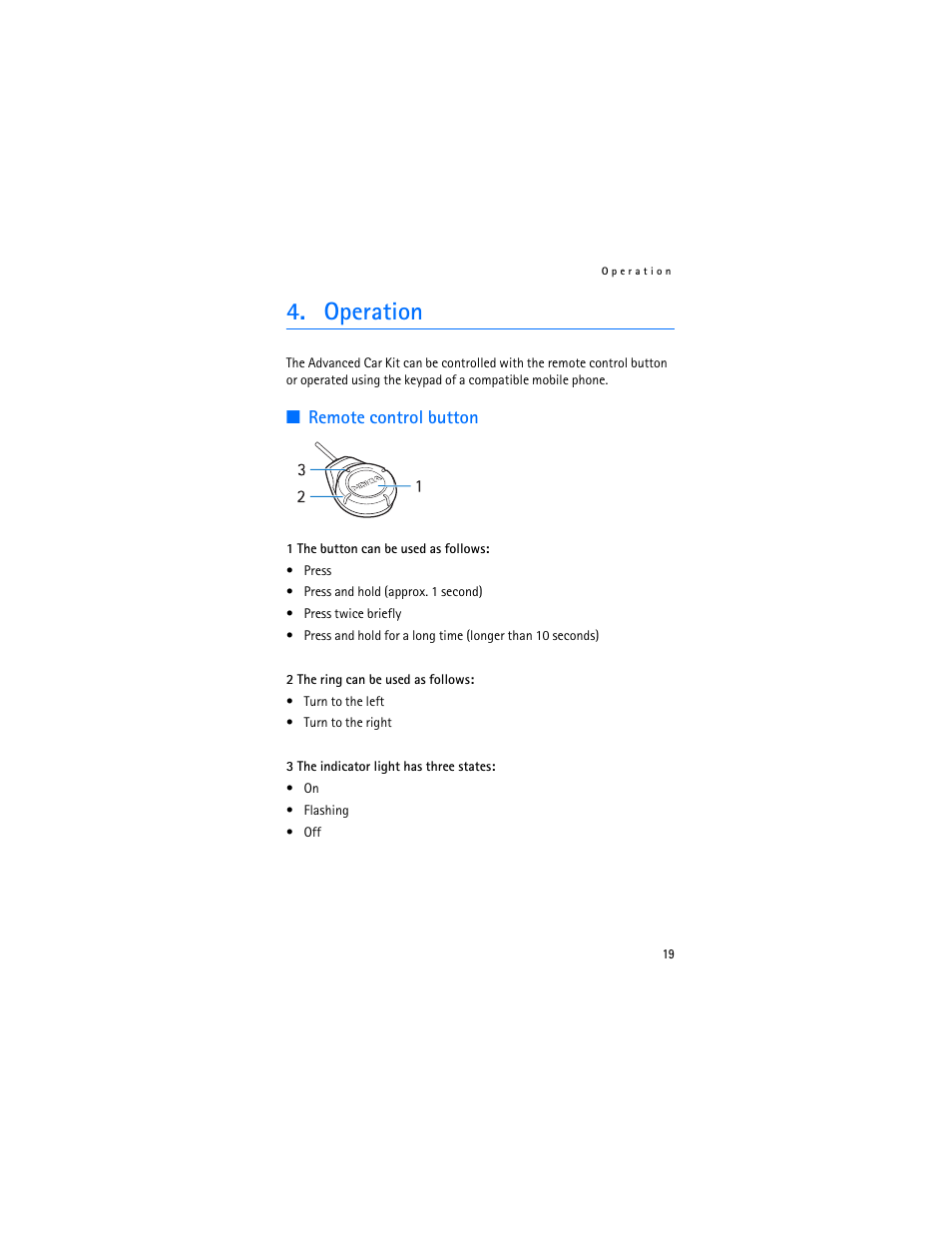 Operation, Remote control button | Nokia Advanced Car Kit CK-7W User Manual | Page 19 / 23
